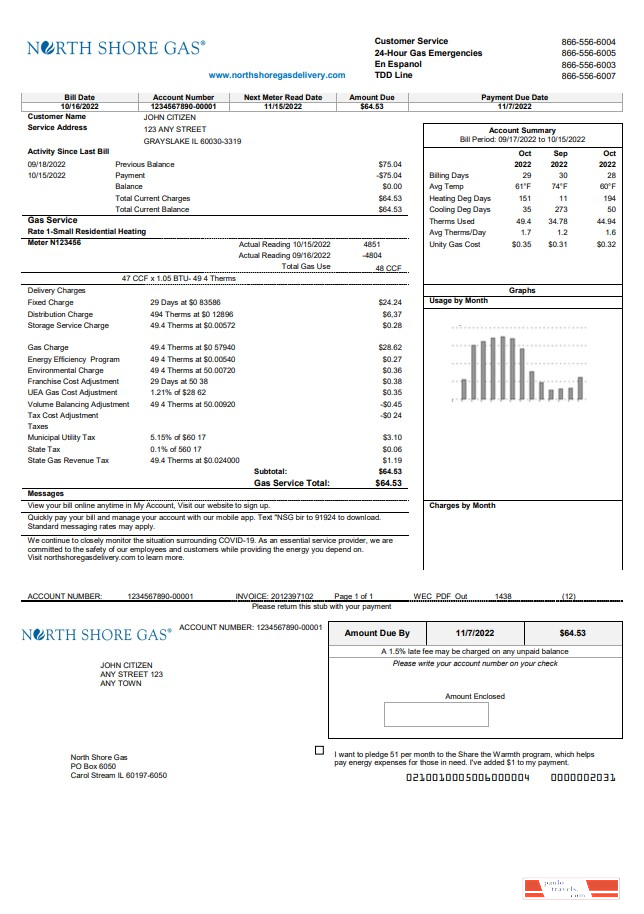 USA Illinois North Shore Gas utility bill template in Word and PDF format